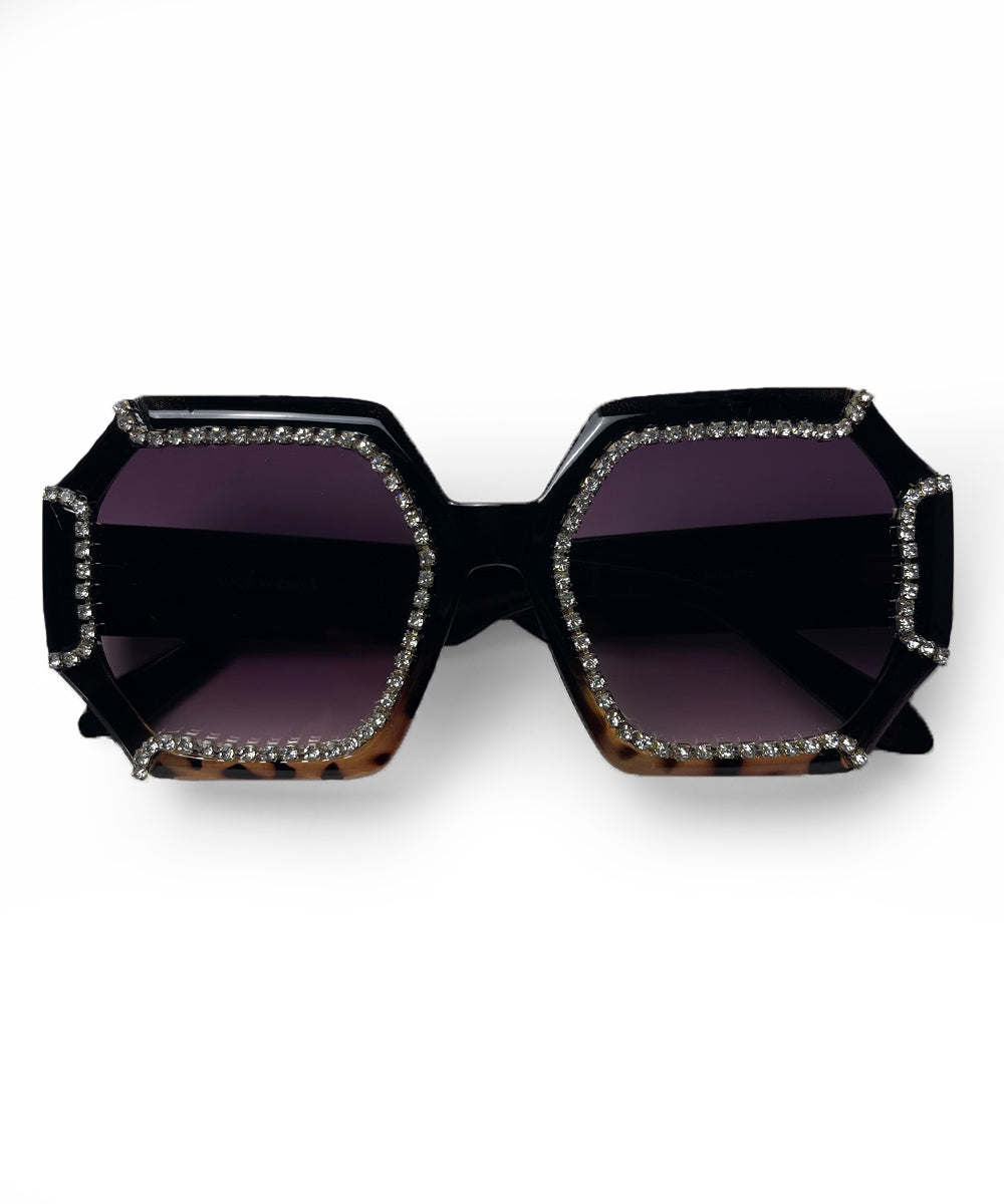 Tortoise & Black 1970s Retro Rhinestone Oversized Sunglasses