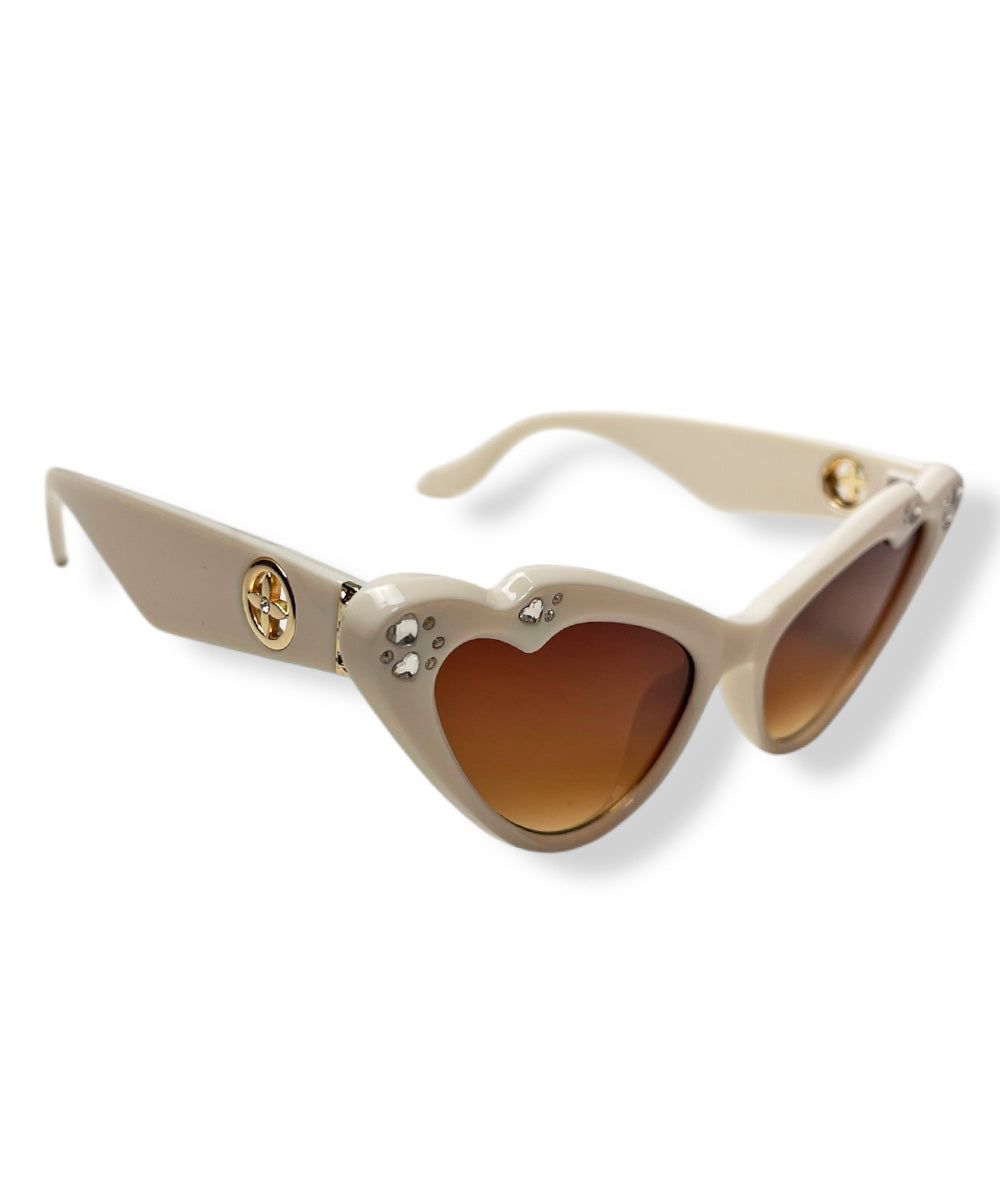 Cream Rhinestoned Love Struck Cat Eye Sunglasses