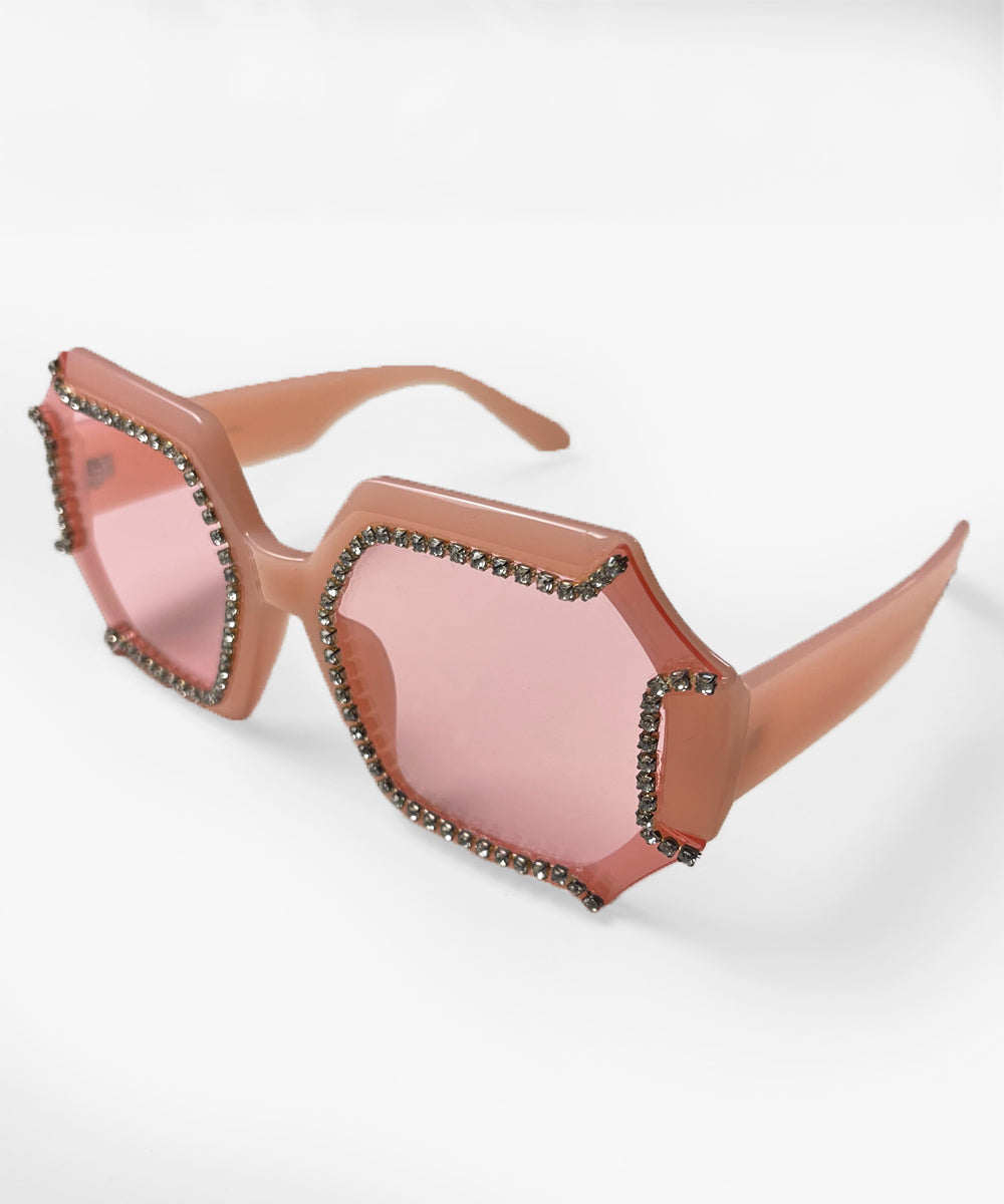 Peachy Pink 1970s Retro Rhinestone Oversized Sunglasses