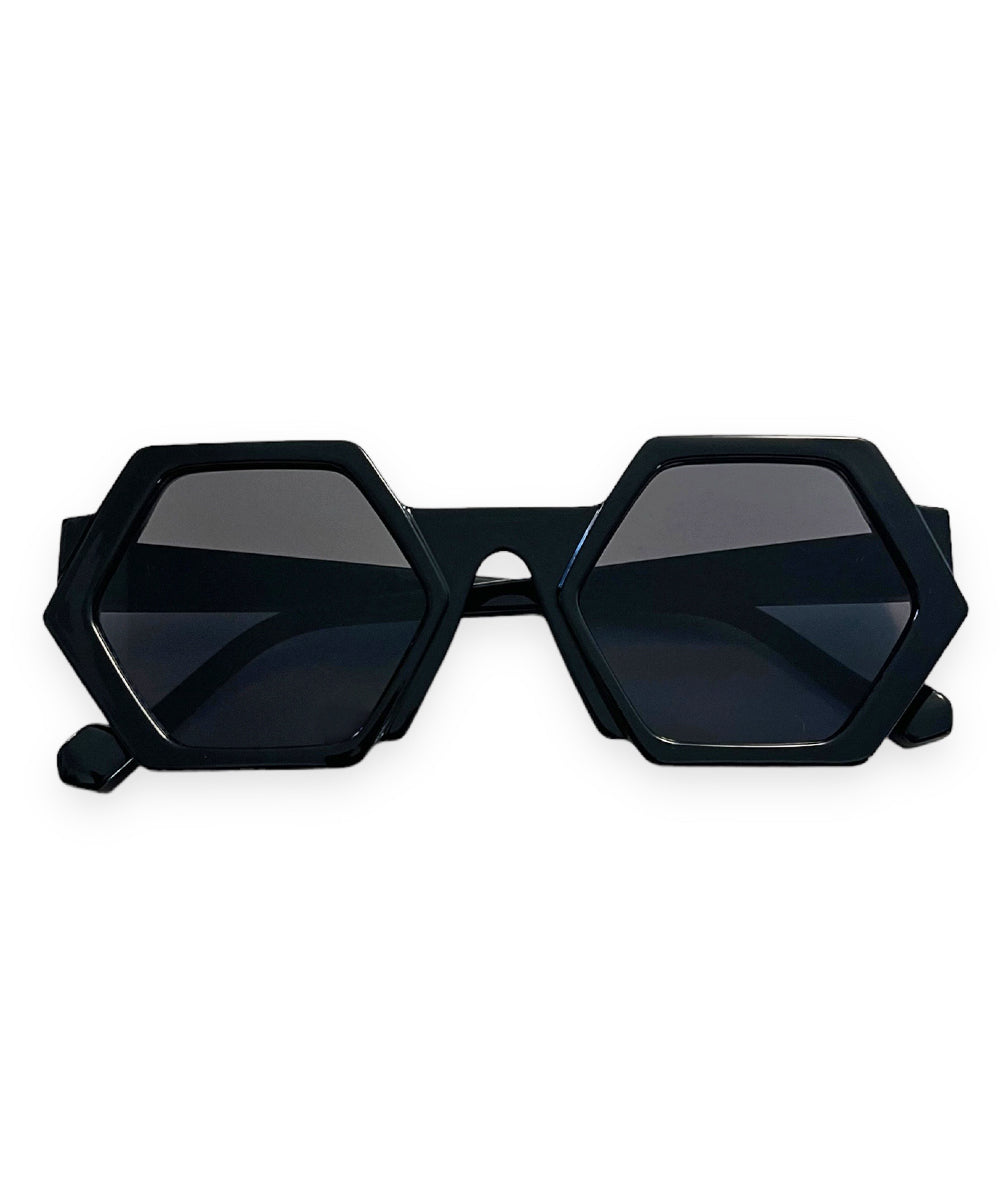 Solid Black 1960s Style Mod Hexagon Sunglasses
