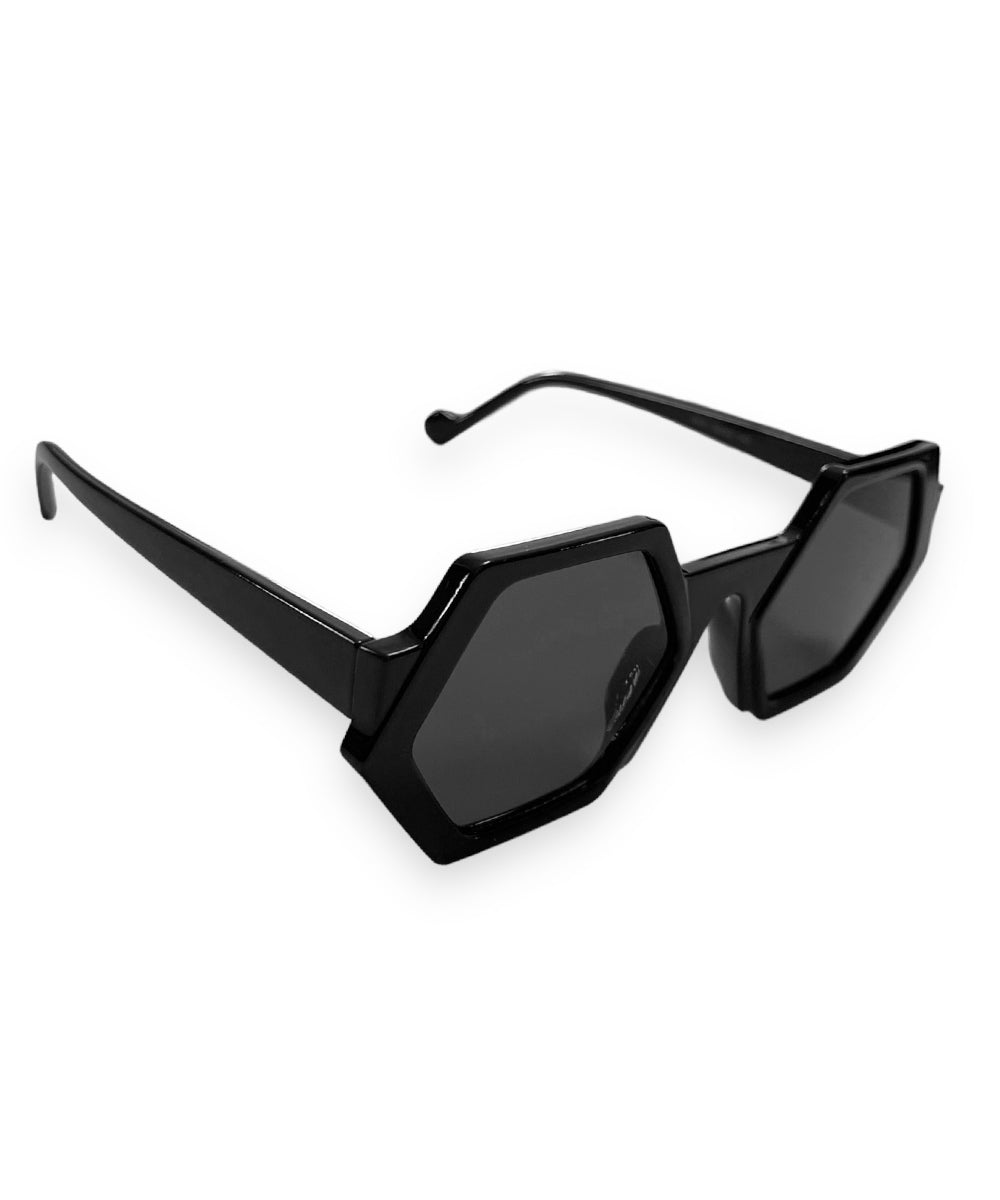 Solid Black 1960s Style Mod Hexagon Sunglasses