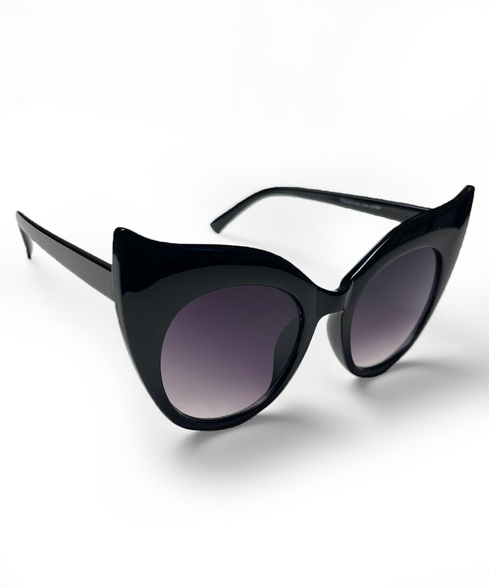 Solid Black Oversized Wing Tip Cat Eye Sunglasses