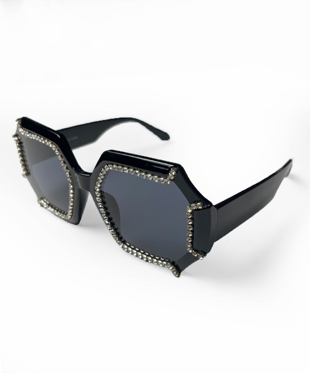 Solid Black 1970s Retro Rhinestone Oversized Sunglasses