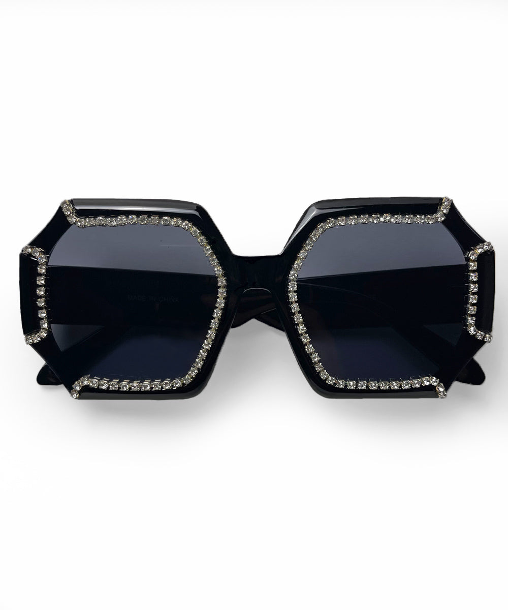 Solid Black 1970s Retro Rhinestone Oversized Sunglasses