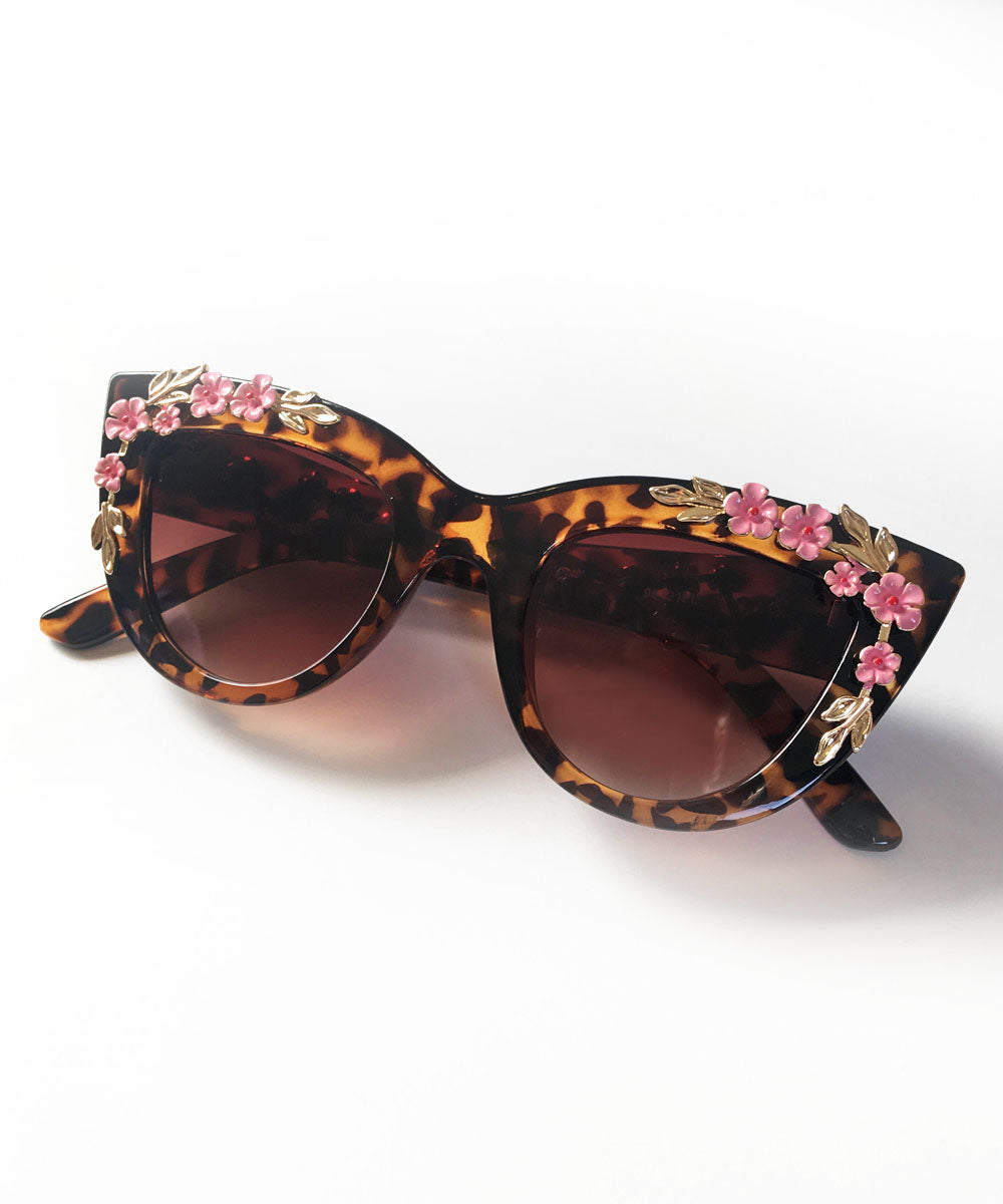 Tortoise Brown & Pink 3D Floral Retro Inspired Sunglasses