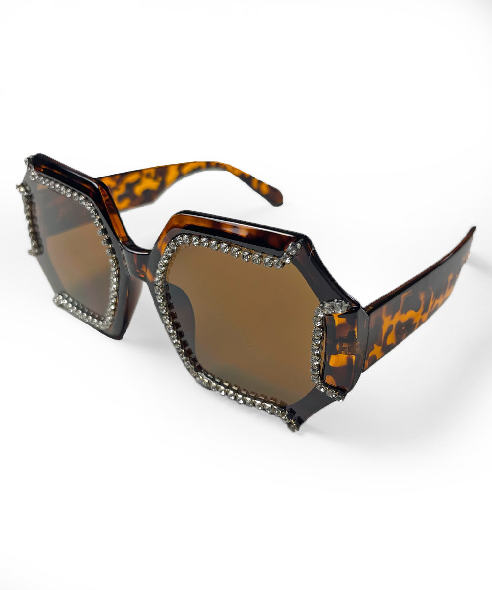 Tortoise Brown 1970s Retro Rhinestone Oversized Sunglasses