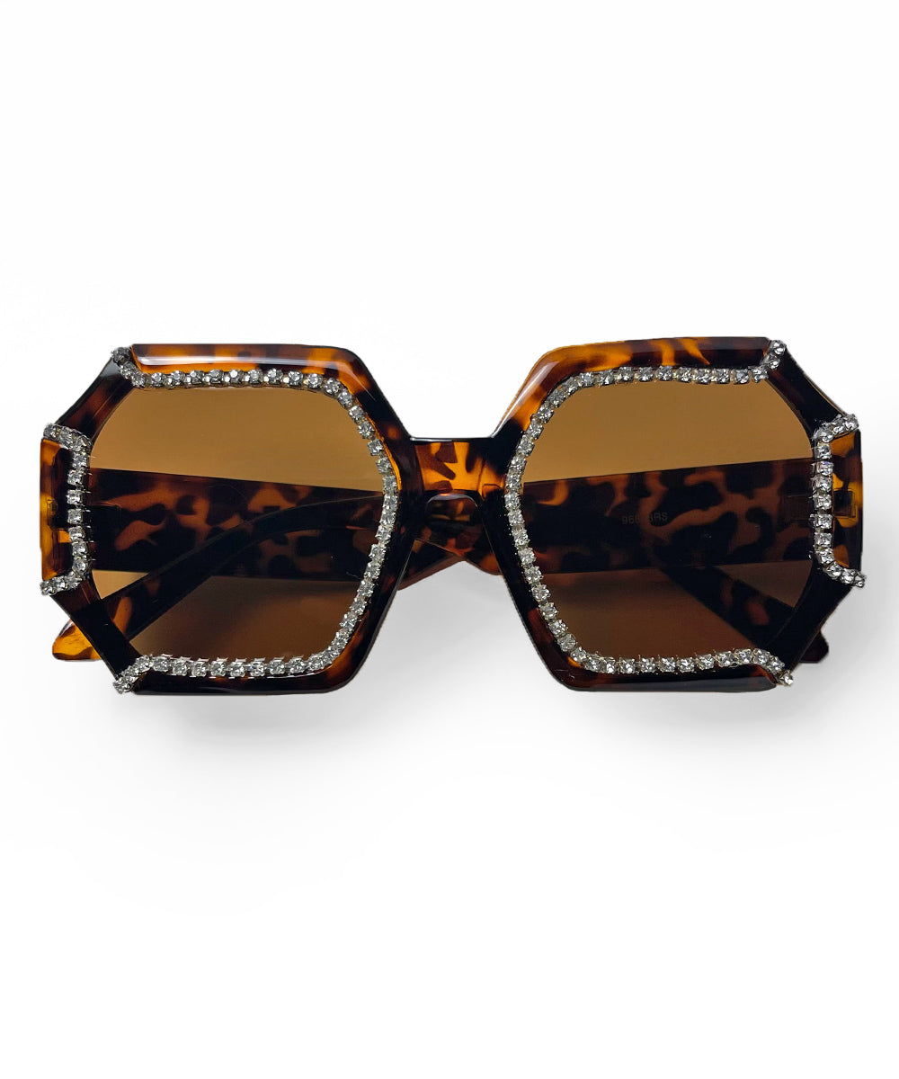 Tortoise Brown 1970s Retro Rhinestone Oversized Sunglasses