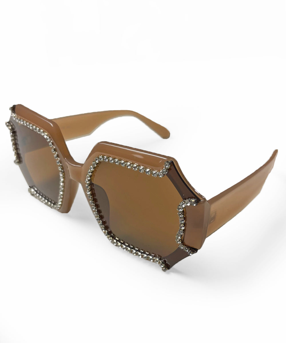 Two Tone Brown 1970s Retro Rhinestone Oversized Sunglasses