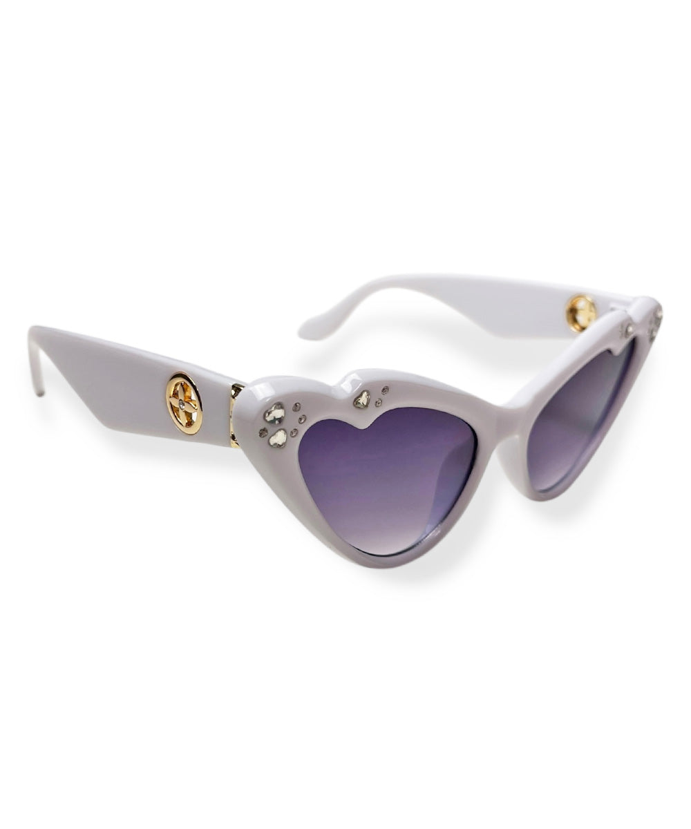 White Rhinestoned Love Struck Cat Eye Sunglasses