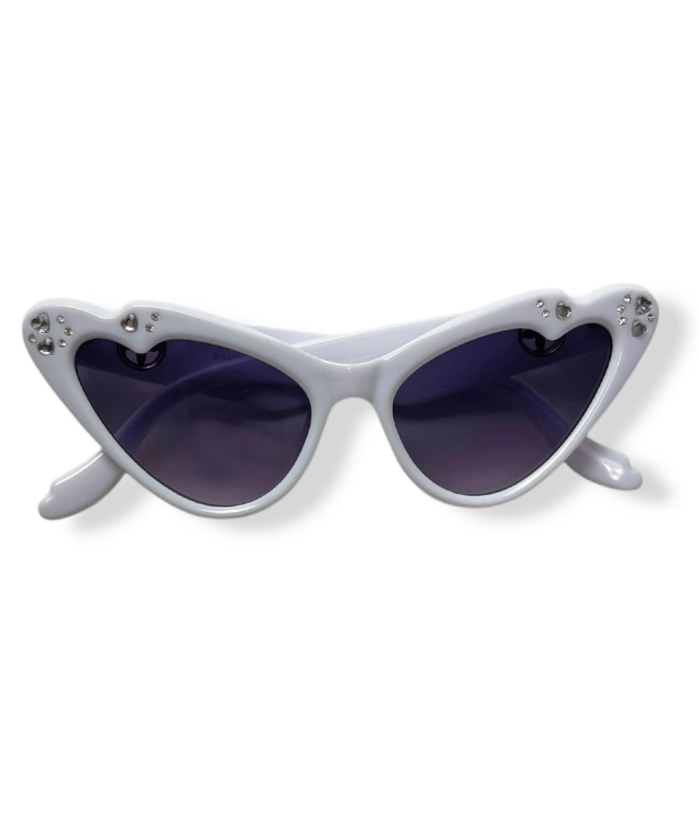 White Rhinestoned Love Struck Cat Eye Sunglasses