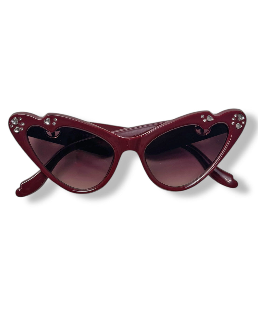 Wine Rhinestoned Love Struck Cat Eye Sunglasses