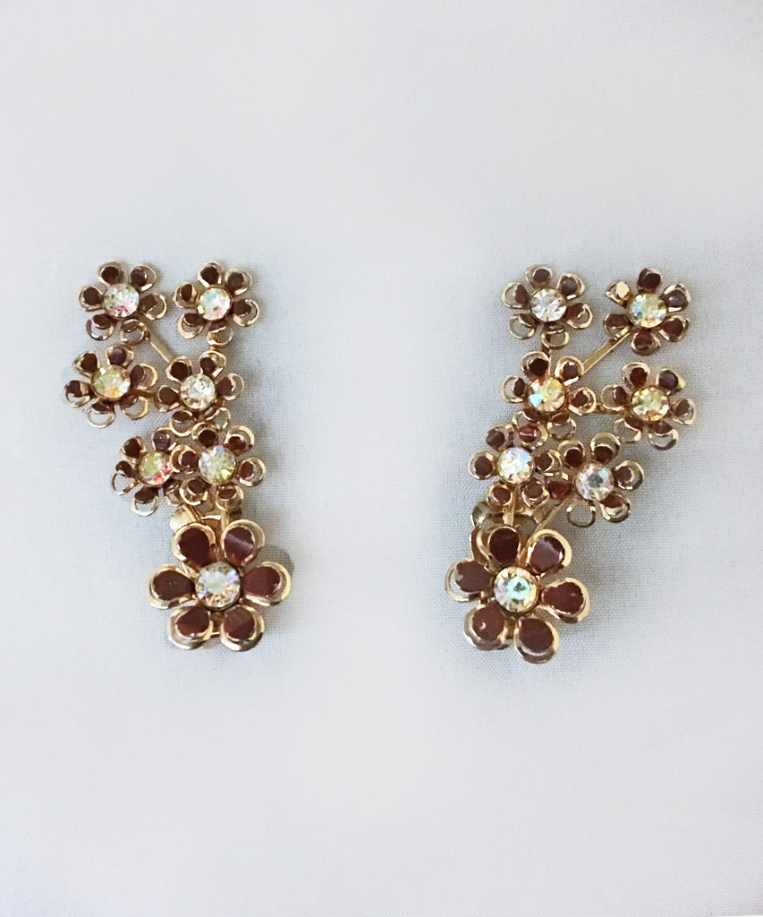 Authentic Vintage Coro Brown Gold Crystal Clip On Flower