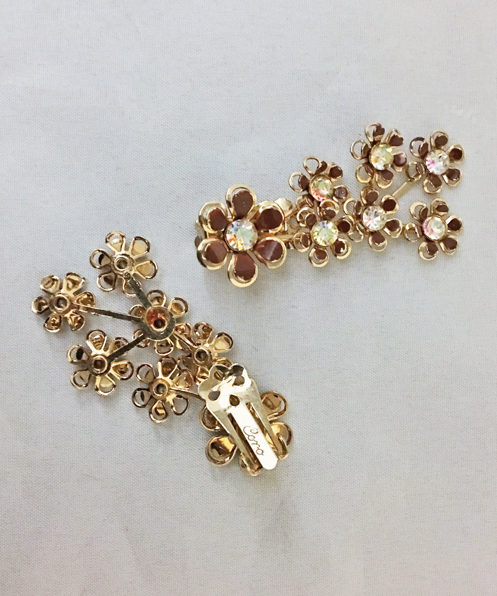 Authentic Vintage Coro Brown, Gold & Crystal Clip On Flower Earrings
