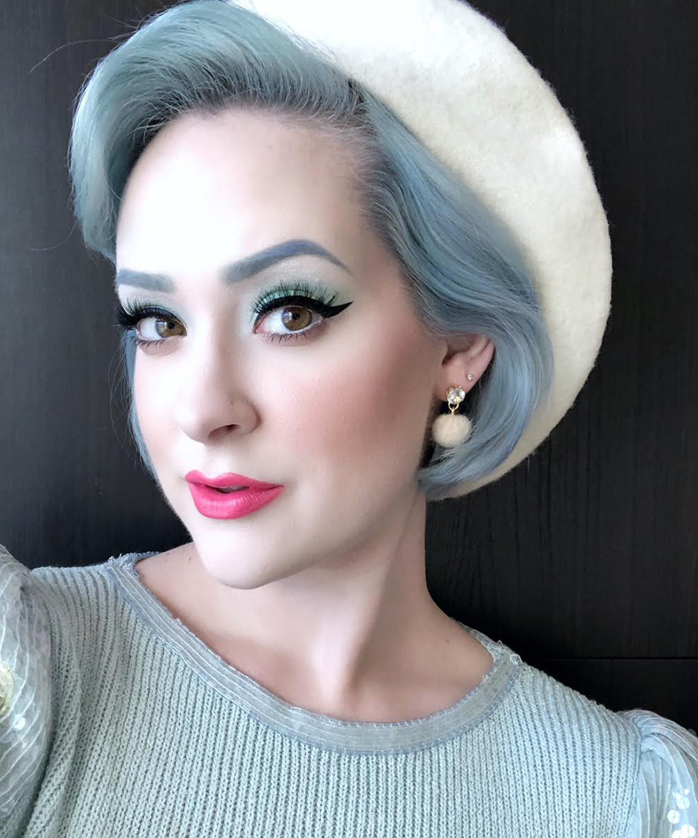 Ivory Rhinestone & Faux Fur Pom Pom Earrings