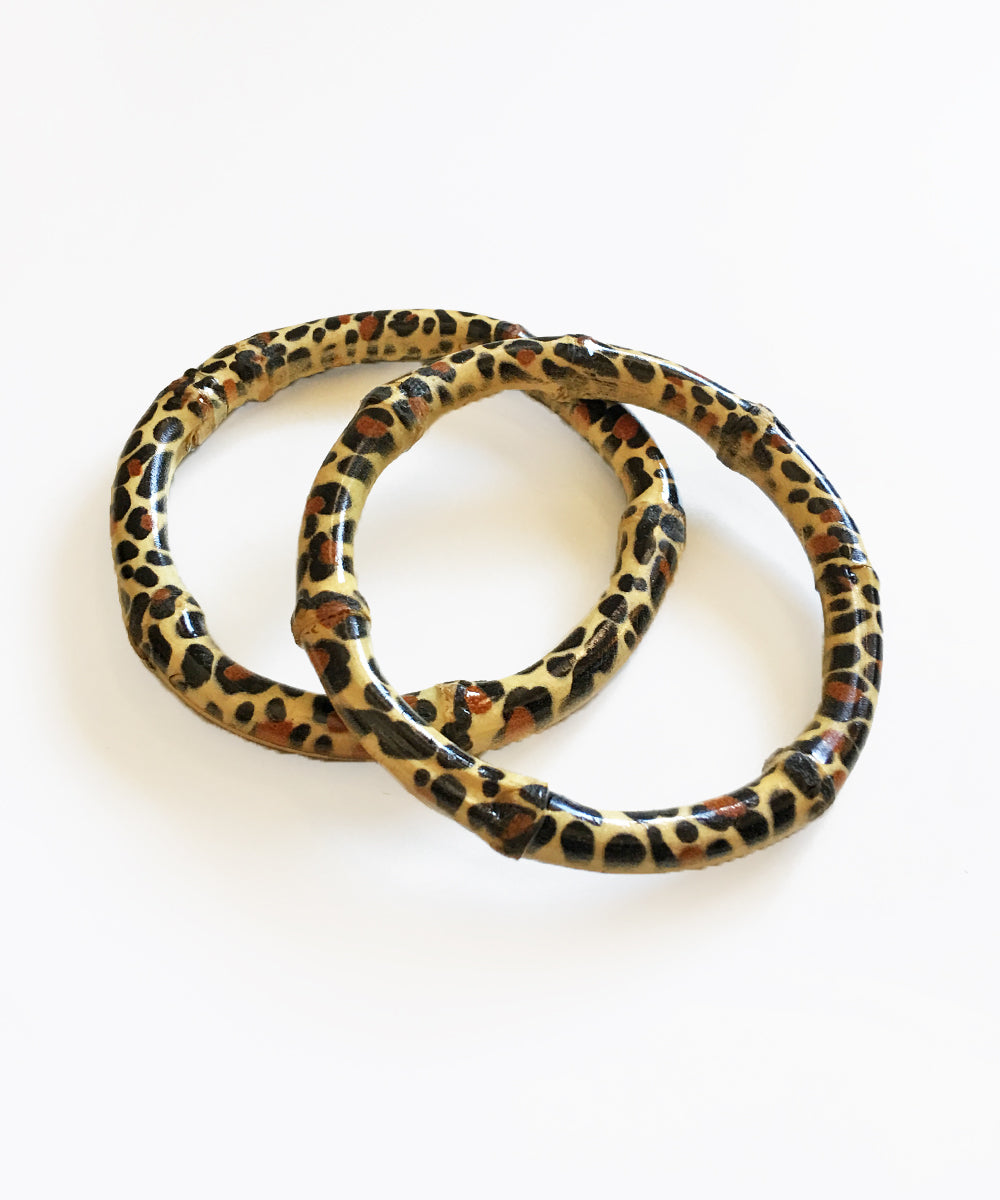 Leopard Print Natural Bamboo Bangle Set