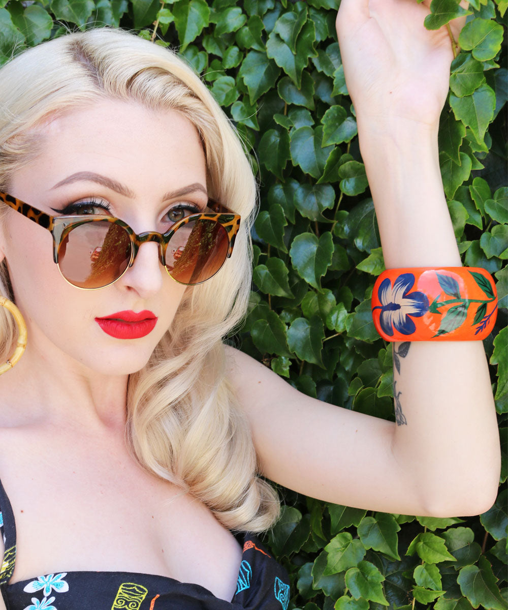 Retro Tiki Oversized Painted Orange Floral Bangle
