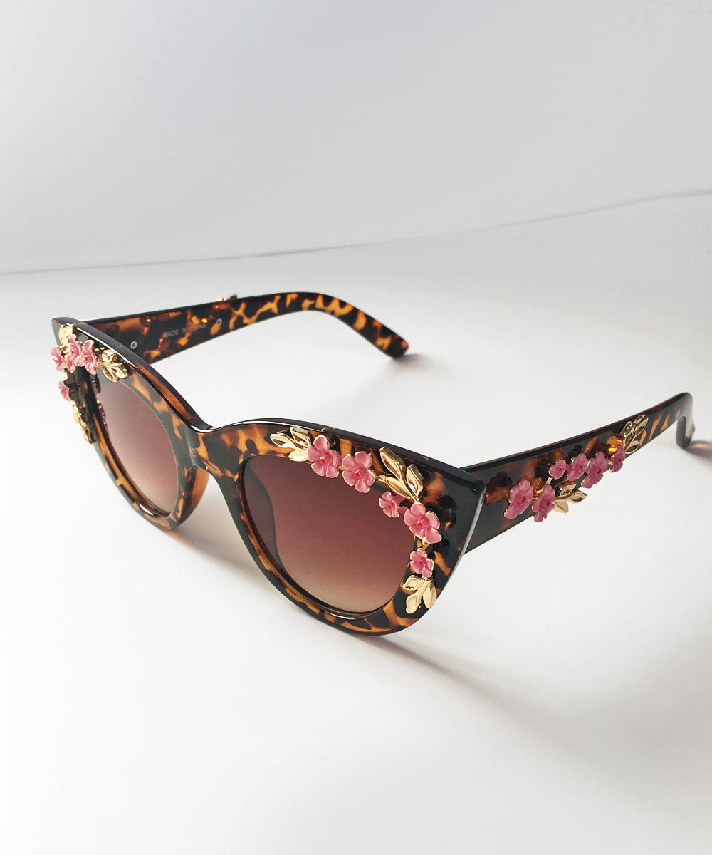 Tortoise Brown & Pink 3D Floral Retro Inspired Sunglasses