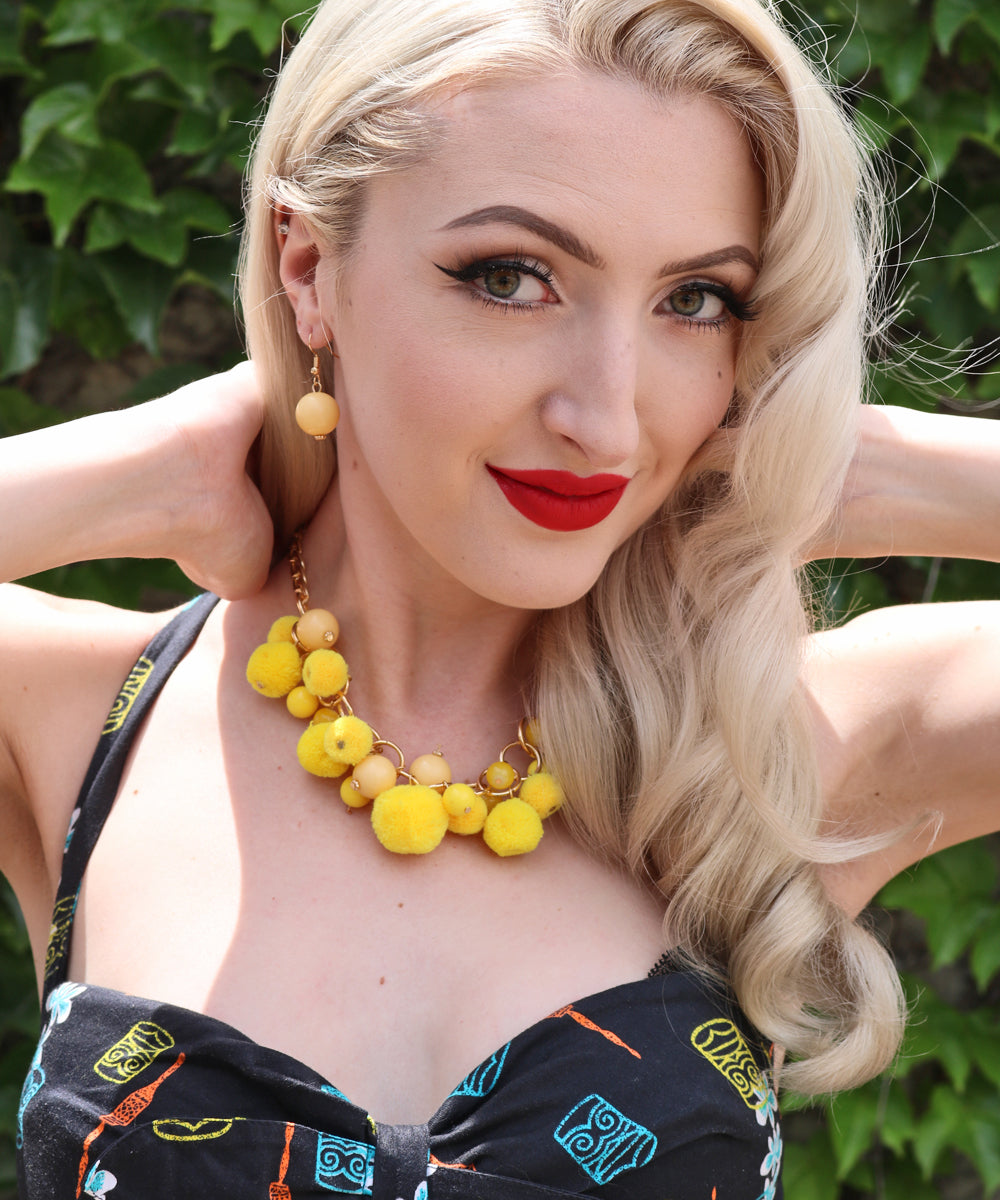 Yellow Beaded Bauble & Pom Pom Necklace & Earring Set