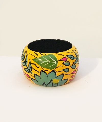 1940s Inspired Abstract Yellow Hawaiian Hand Painted Wooden Bangle