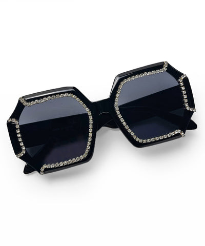 Solid Black 1970s Retro Rhinestone Oversized Sunglasses