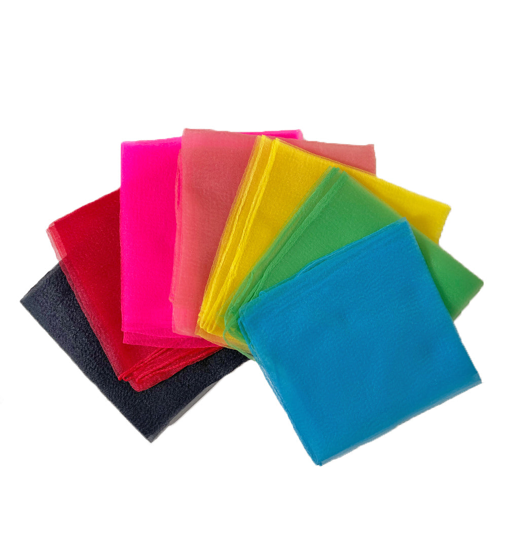 Set of all color options of square sheer retro scarves. Black, Red, Hot Pink, Peach, Yellow, Green, Blue. 