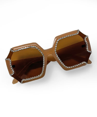 Two Tone Brown 1970s Retro Rhinestone Oversized Sunglasses