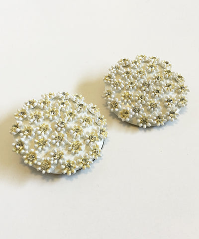 Authentic Vintage 1970s White Round Rhinestone Flower Cluster Clip On Earrings