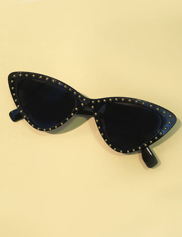 Solid Black & Gold Studded Retro Classic Cat Eye Sunglasses