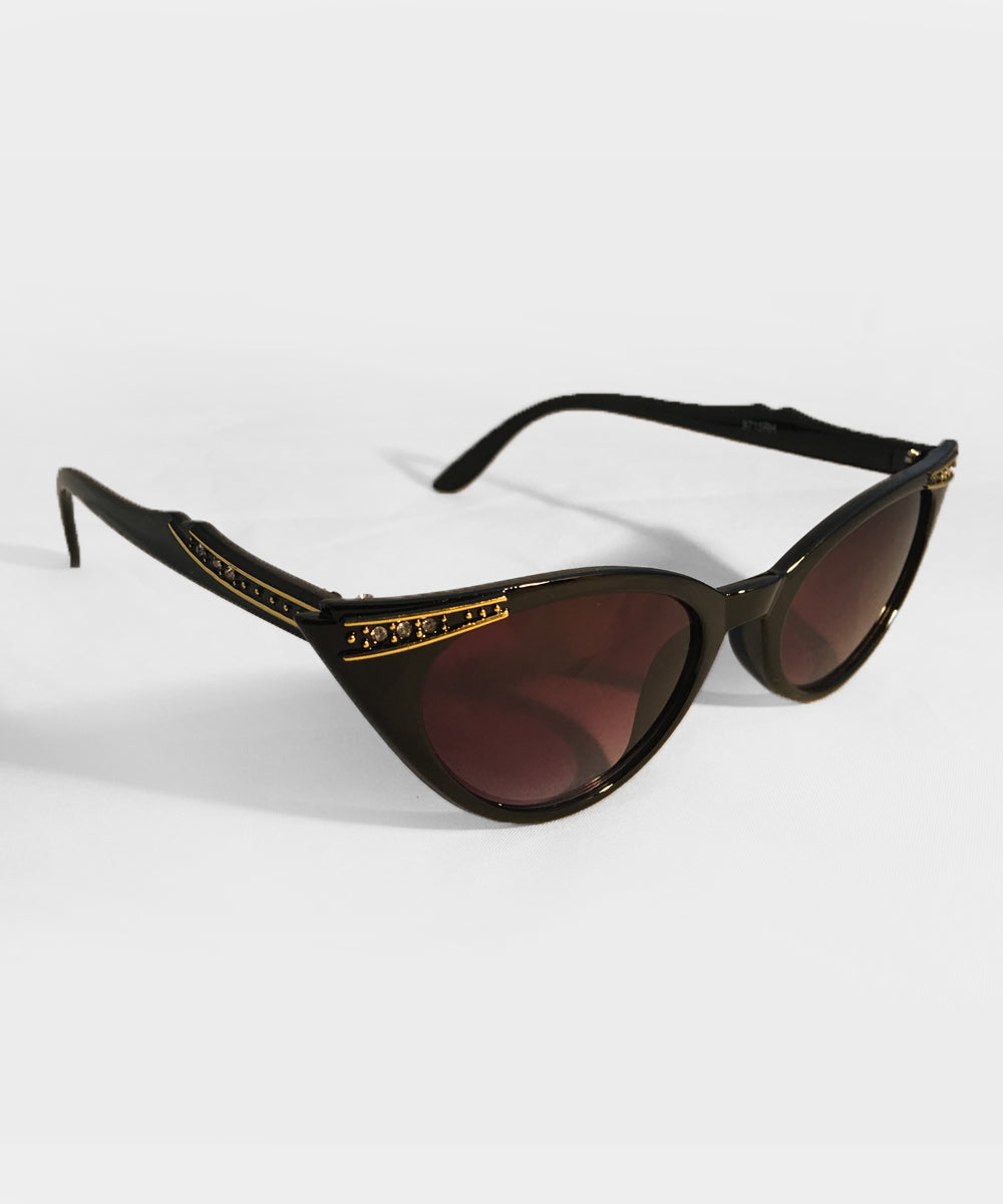 Black Gold & Rhinestone Classic Vintage Cat Eye Sunglasses