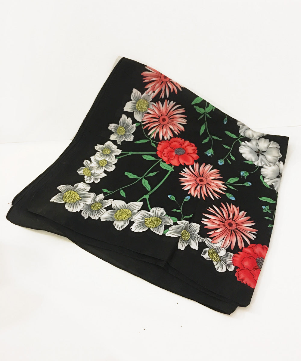 Black & Colorful Floral Retro Inspired Satin Square Scarf