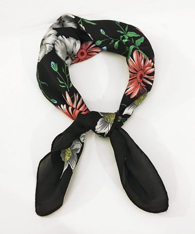 Black & Colorful Floral Retro Inspired Satin Square Scarf