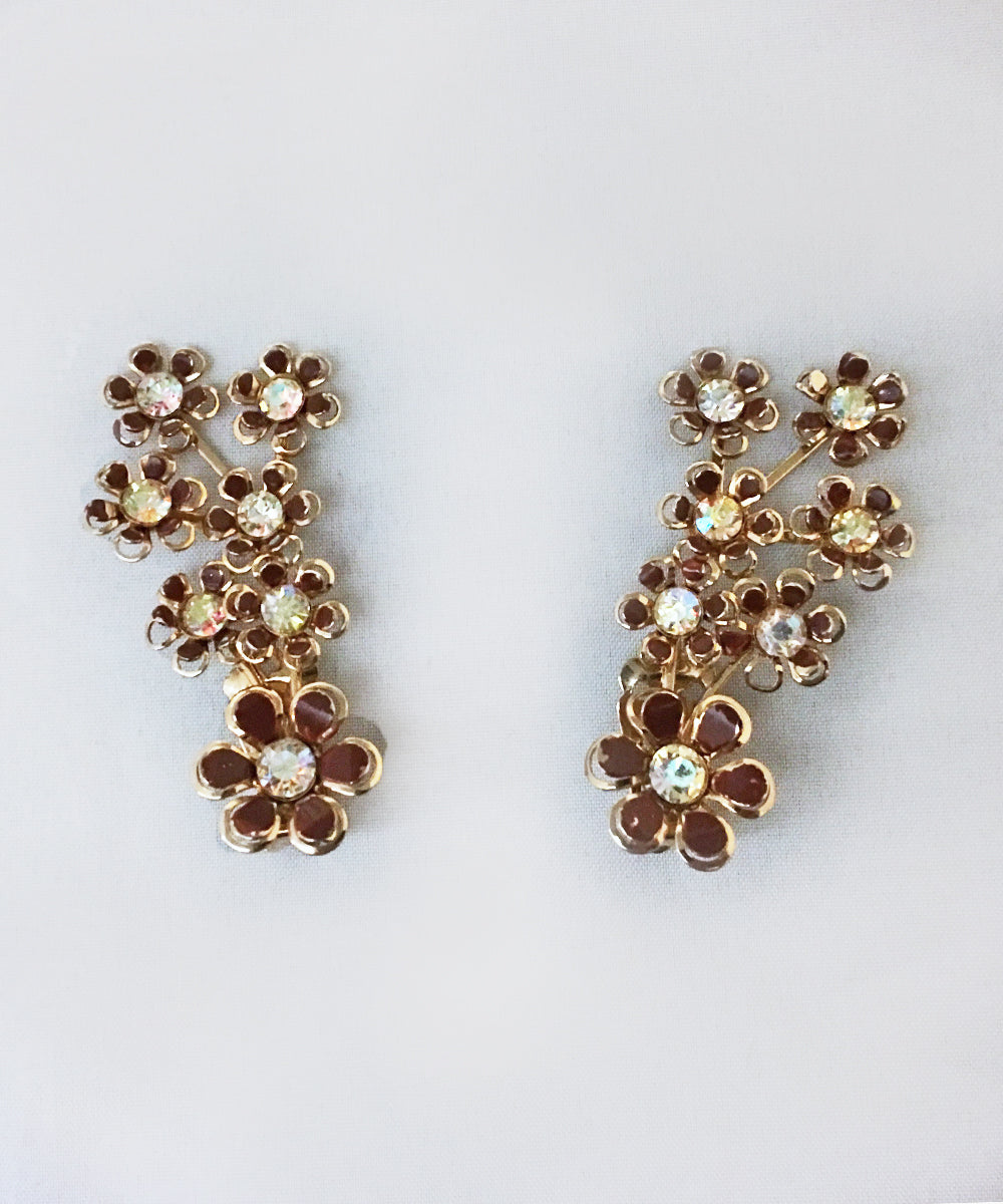 Authentic Vintage Coro Brown, Gold & Crystal Clip On Flower Earrings