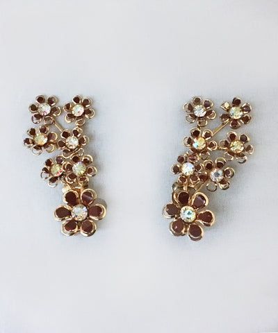 Authentic Vintage Coro Brown, Gold & Crystal Clip On Flower Earrings