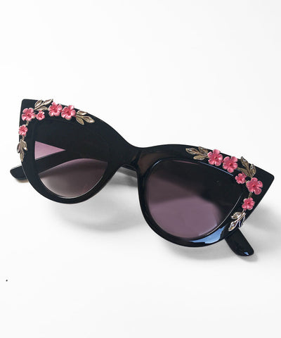Black & Pink 3D Floral Retro Inspired Sunglasses