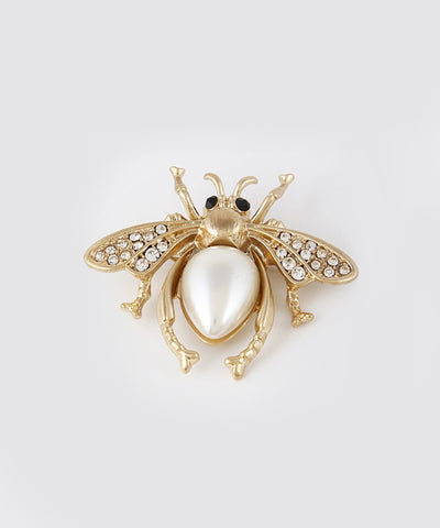 Gold Pearl & Rhinestone Vintage Inspired Flying Beetle Brooch
