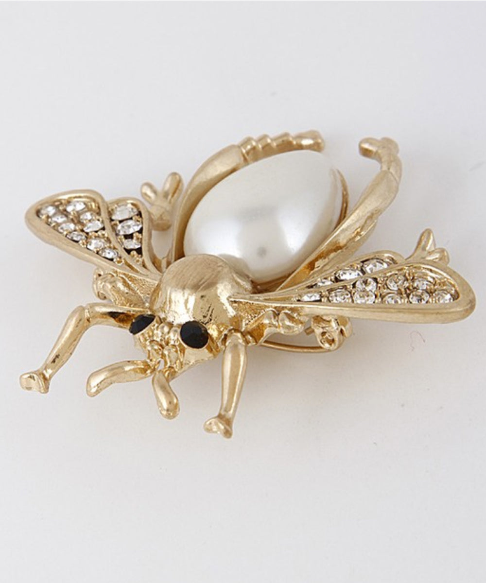 Gold Pearl & Rhinestone Vintage Inspired Flying Beetle Brooch
