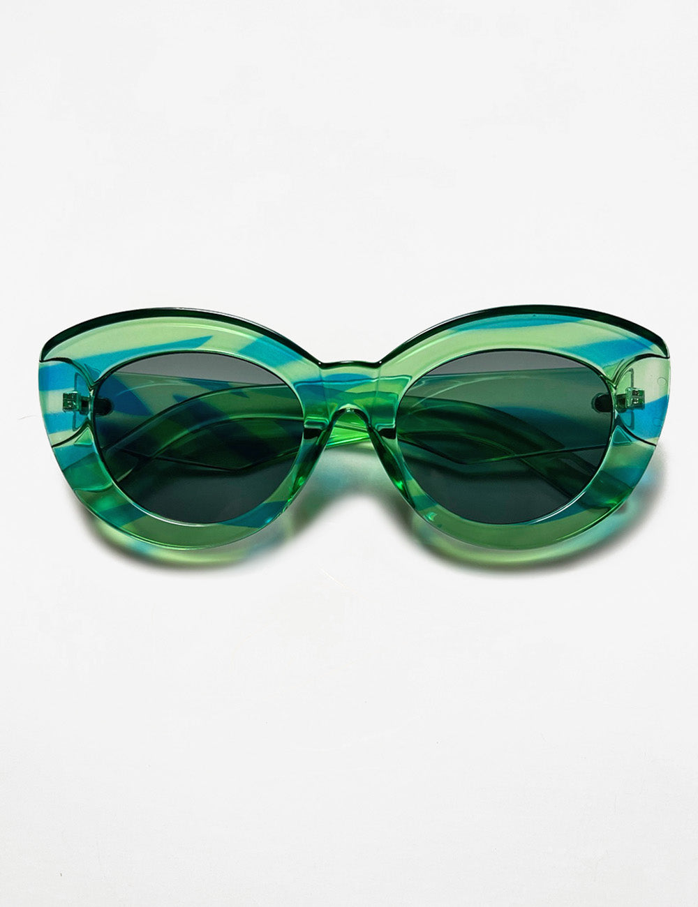 Green & Blue Marbled Retro Thick Frame Rounded Cat Eye Sunglasses