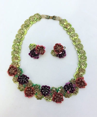 Vintage 1950s Delicate Hand Made Purple Pansy Sequin Earring & Necklace Set