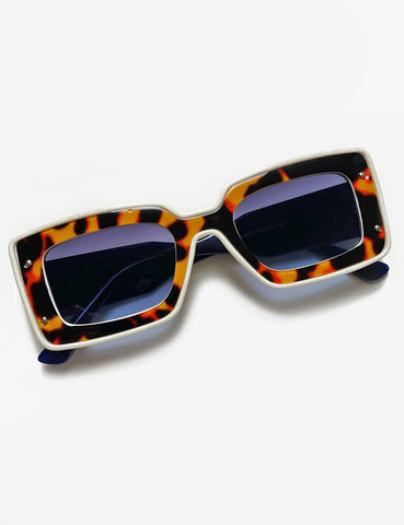 Cream Navy & Tortoise 1970s Funky Squared Frame Sunglasses