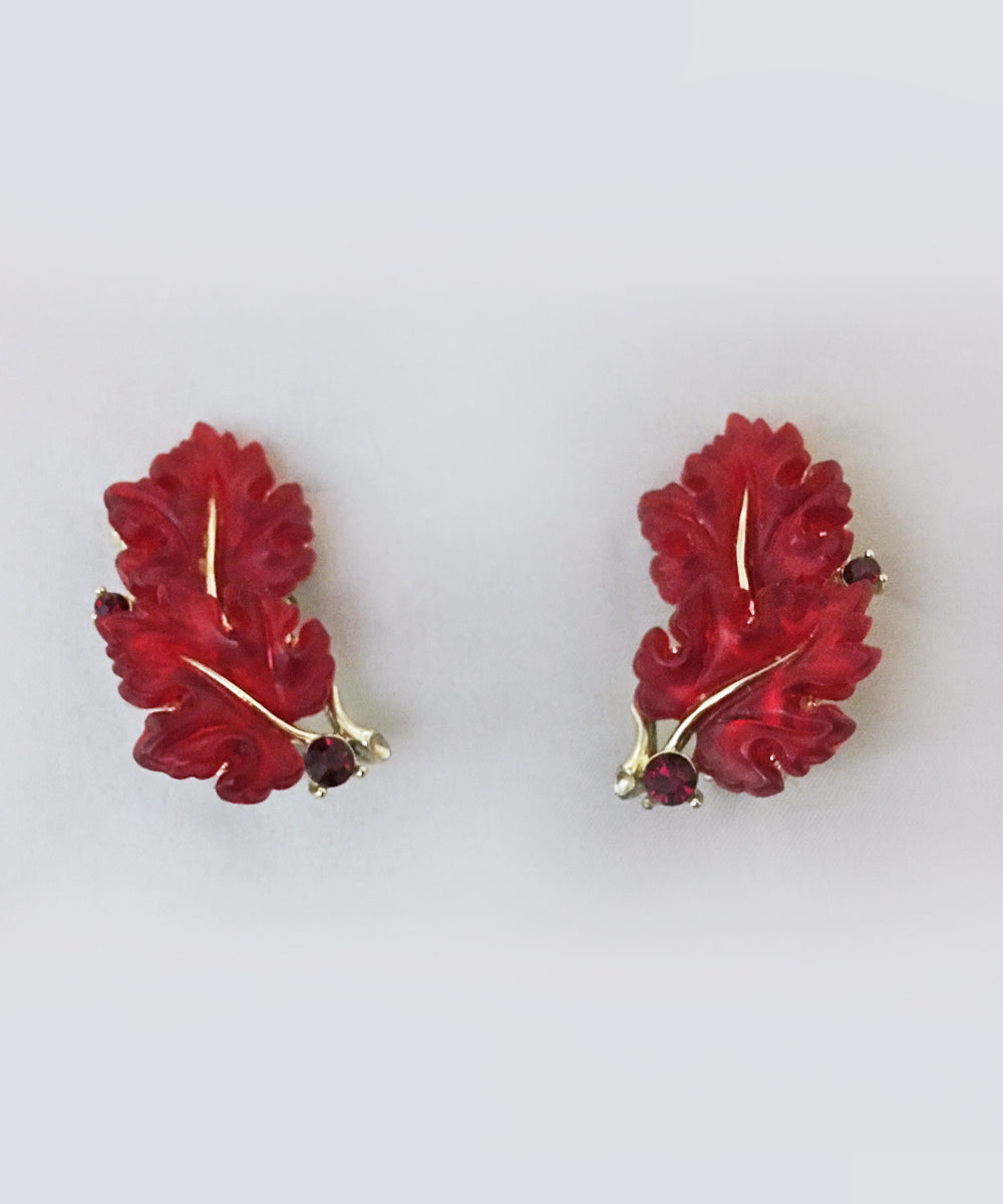 Rare Vintage Lisner Red Oak Leaf Clip On Earrings