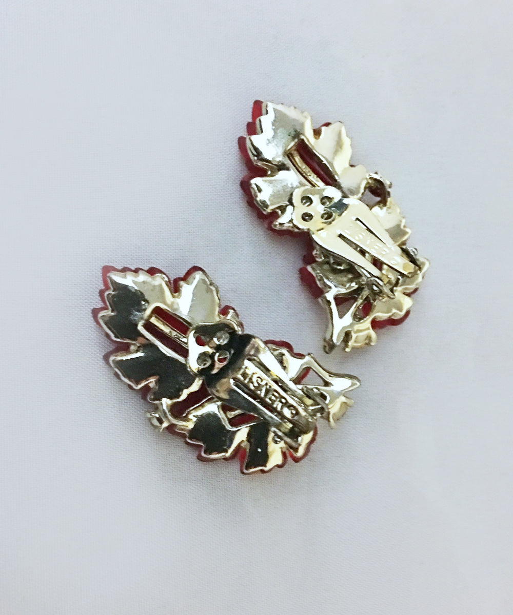 Rare Vintage Lisner Red Oak Leaf Clip On Earrings