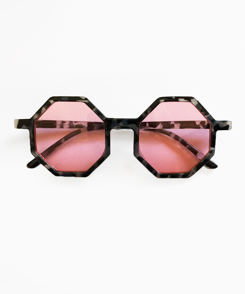 Octagonal Tortoise Pink Lens Thin Geometric Retro 1960s Sunglasses