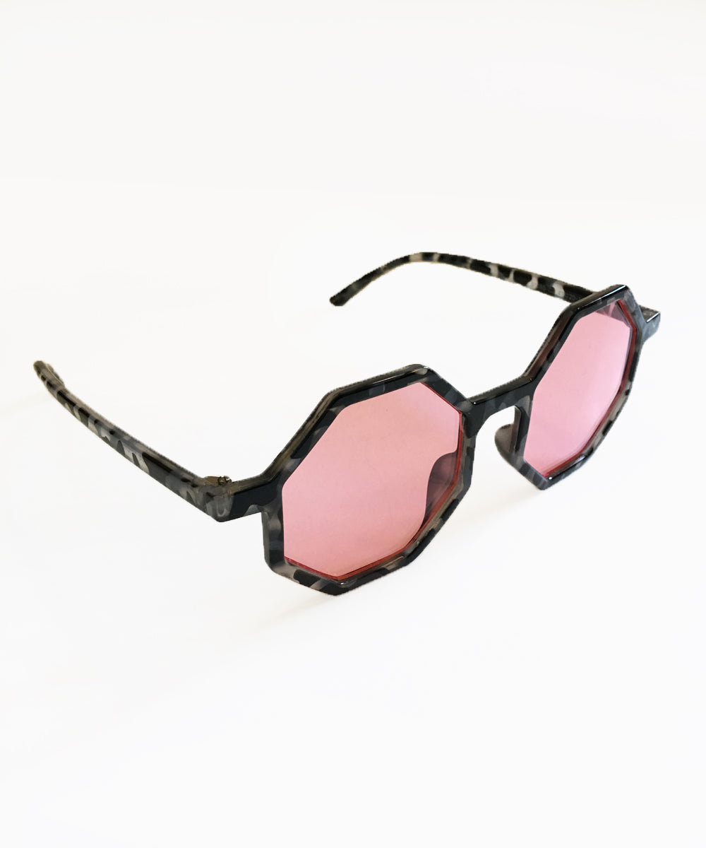 Octagonal Tortoise Pink Lens Thin Geometric Retro 1960s Sunglasses
