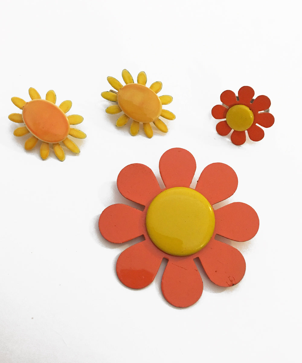 Orange & Yellow 1970s Funky Floral Enamel Jewelry Set