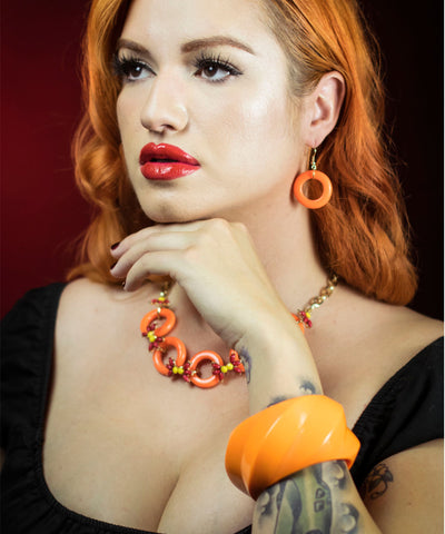 Tangerine Orange Oversized Chunky Carved Retro Bangle