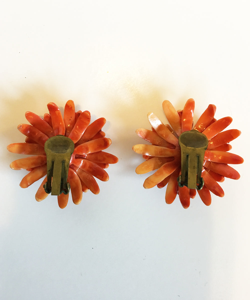 Authentic Vintage Plastic Orange Mum Clip Ons With Rhinestone Center