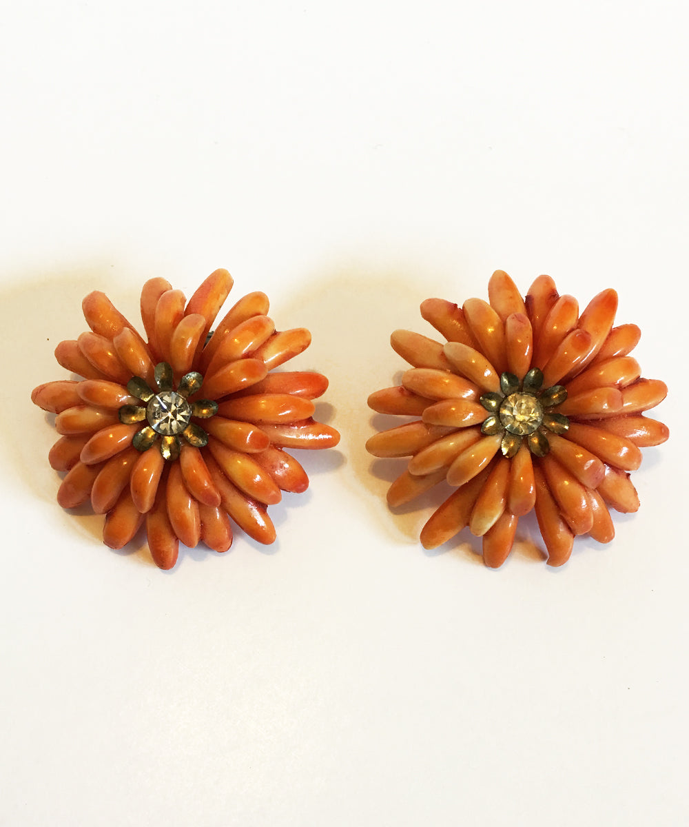 Authentic Vintage Plastic Orange Mum Clip Ons With Rhinestone Center