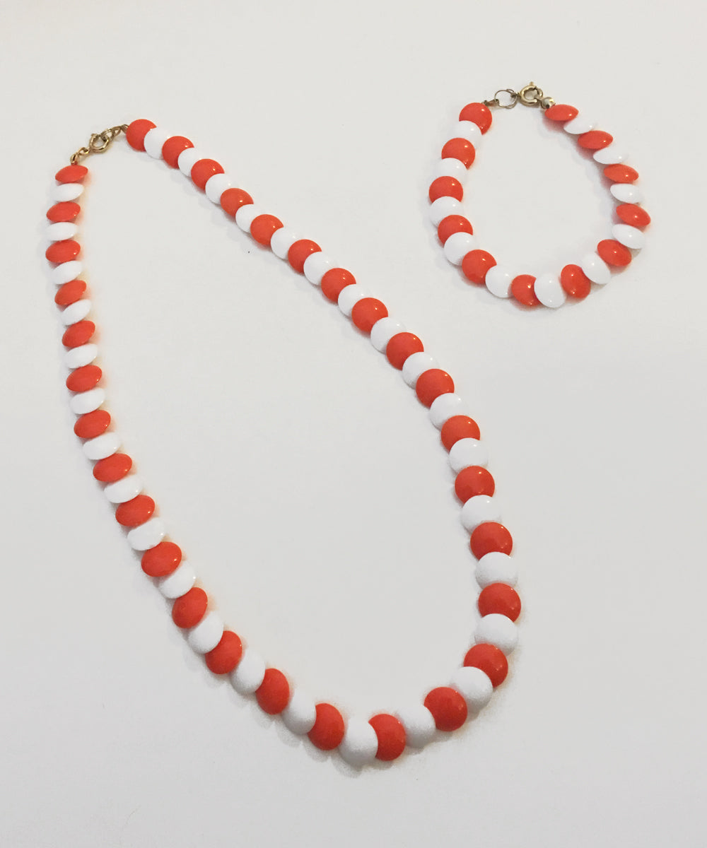Vintage Orange & White 1970s Matching Necklace & Bracelet