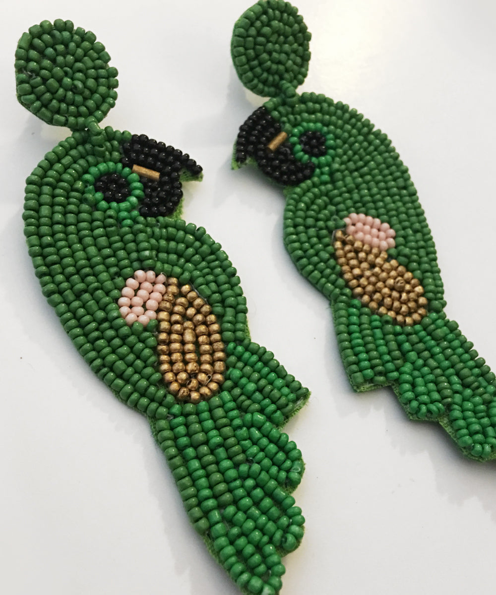 Huge Beaded Tropical Green Parrot Earrings