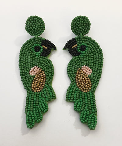 Huge Beaded Tropical Green Parrot Earrings